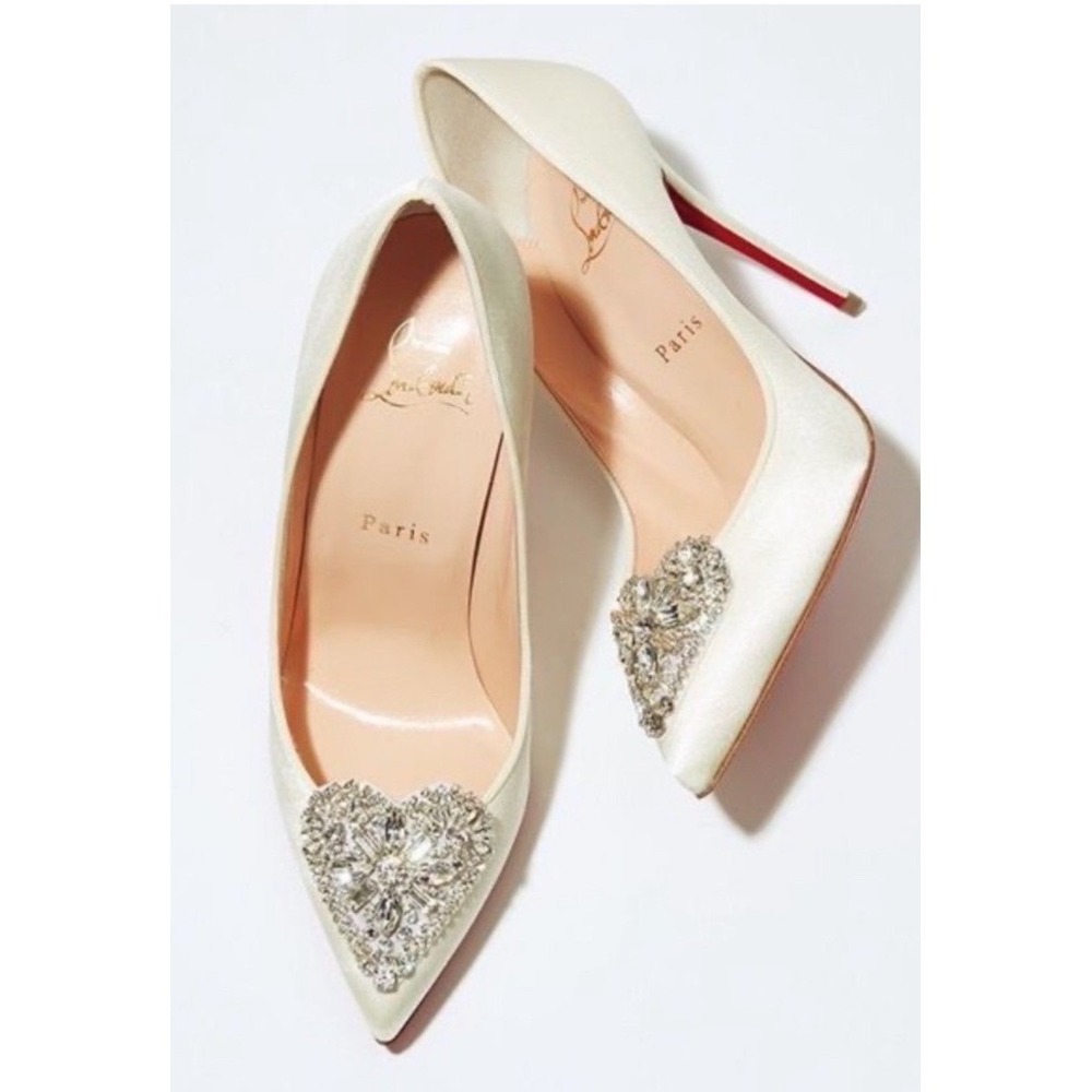 Christian Louboutin Cristacora‎ Heart Satin Pumps Ivory Heels Red Sole Size 38